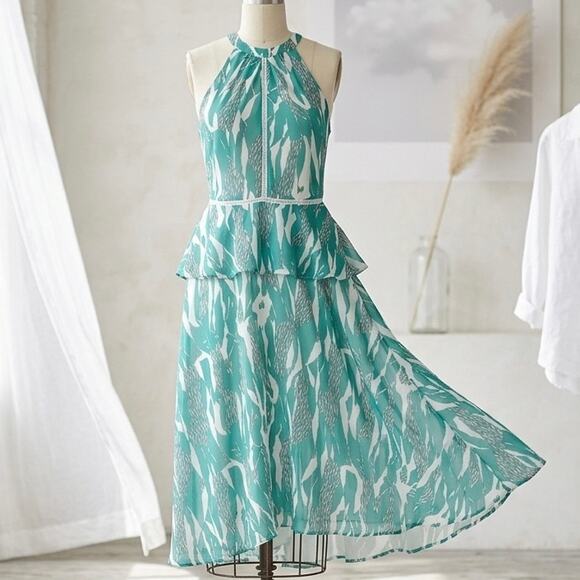 Adelyn Rae Dresses & Skirts - Adelyn Rae "Layne" Abstract Green & White Halter Peplum Midi Dress- M Eclectic